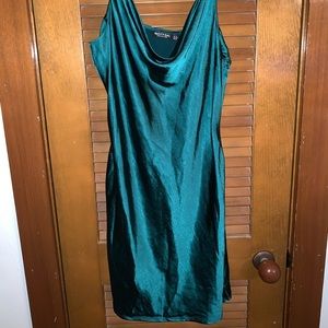 emerald satin cowl neck dress